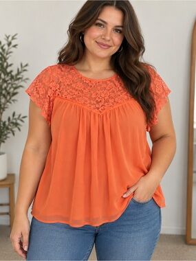 Torrid Lace Yoke Chiffon Blouse Size 00 Medium Large Coral Flutter Sleeve Top
